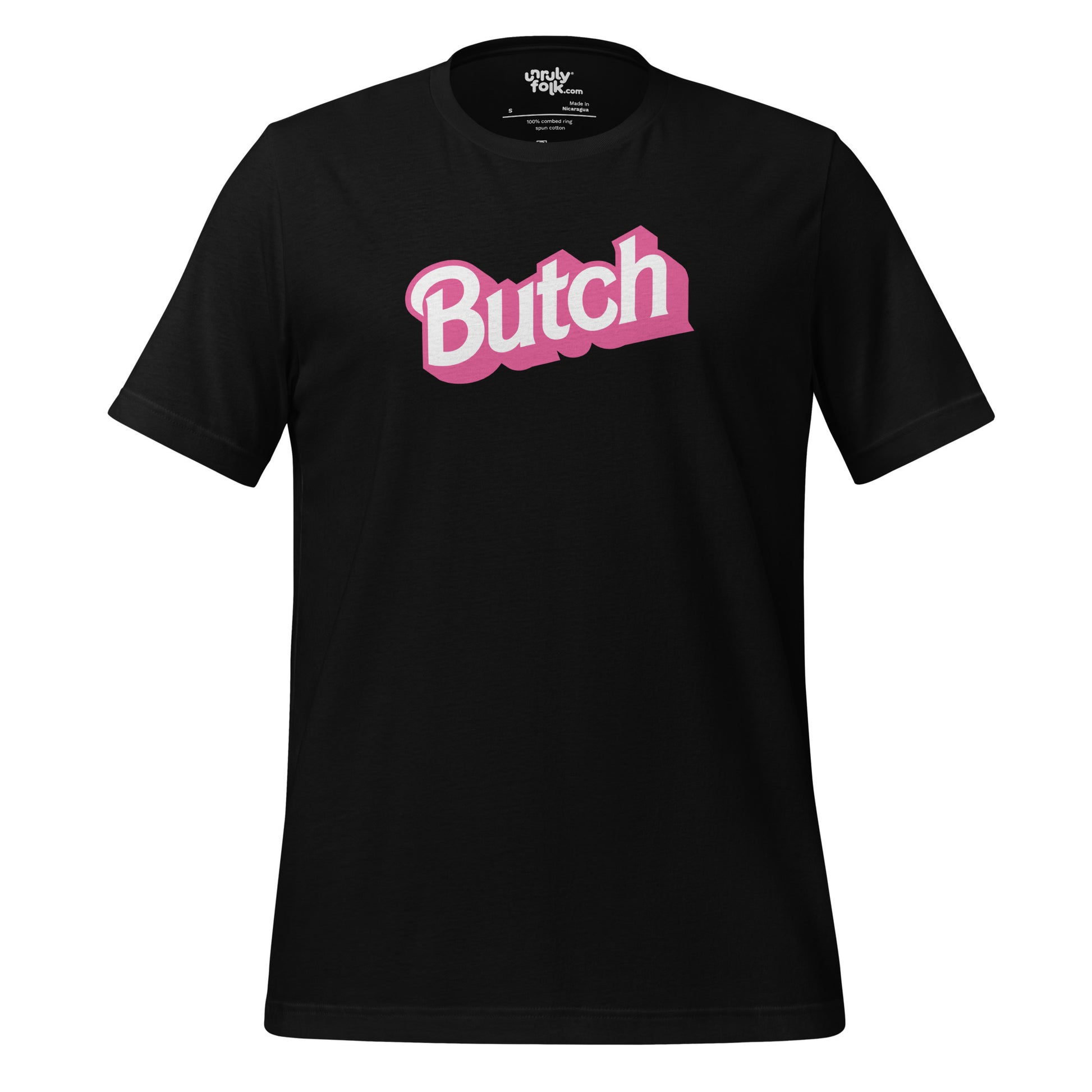 The image is of a black t-shirt with a logo that says "Butch" It is a Barbie-inspired parody design from the Unruly Folk brand.
