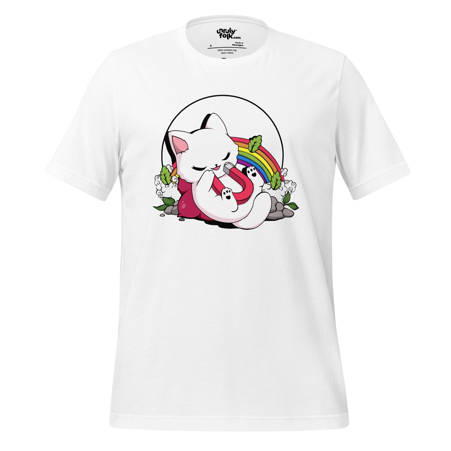 The image is of a white t-shirt with a cute cartoon cat holding a magnet, with a rainbow behind it. From the Unruly Folk brand.