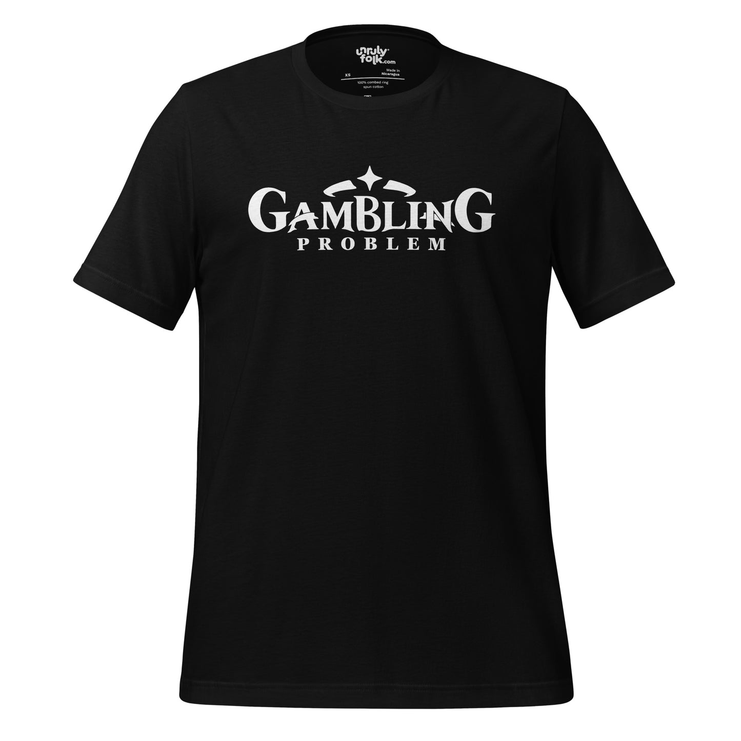 The image is a black t-shirt with white text that reads "GAMBLING PROBLEM". It is a parody of the Genshin Impact game logo. From the Unruly Folk brand.