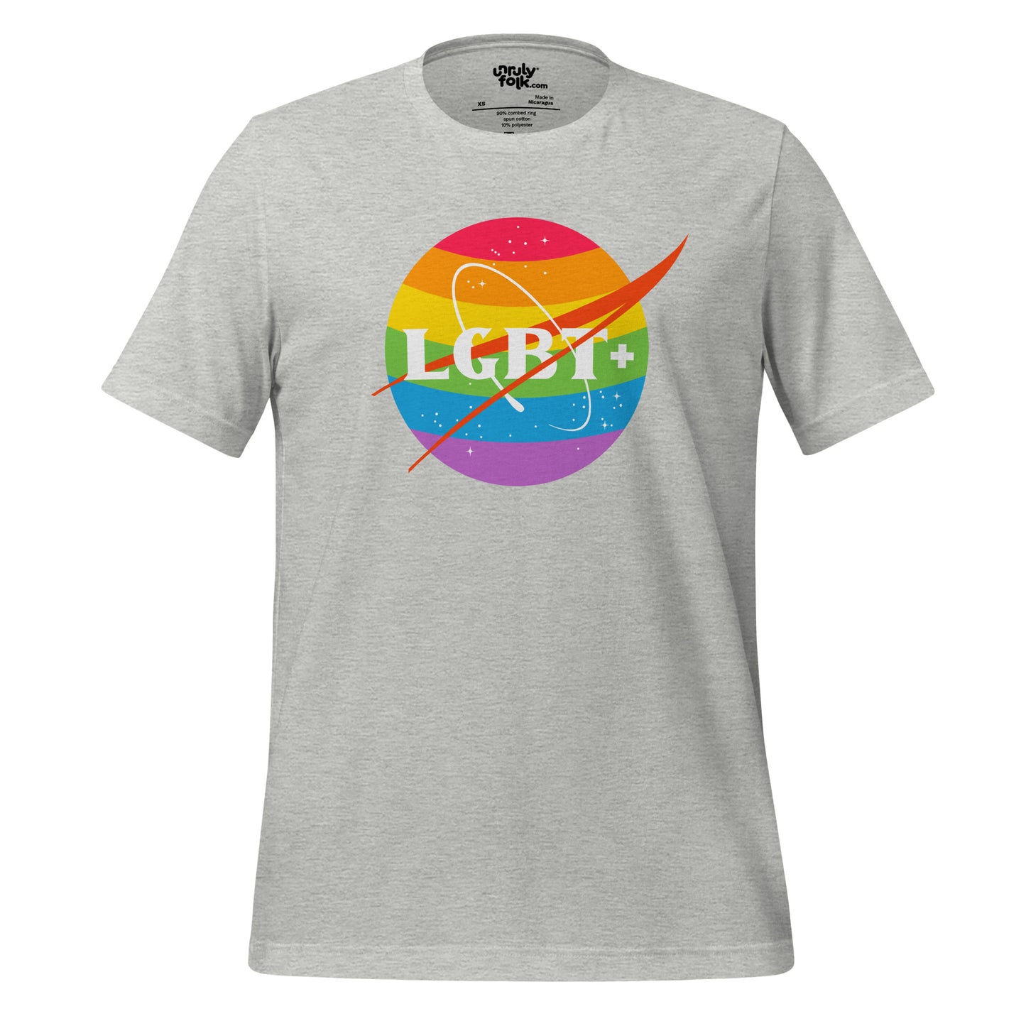 The image is of an athletic heather t-shirt with a logo that says "LGBT+". It is a NASA-inspired space parody design from the Unruly Folk brand.