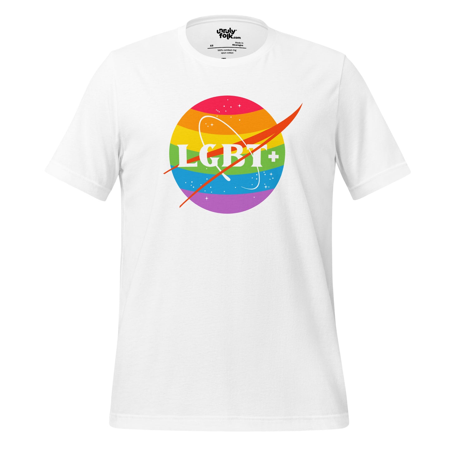 The image is of an white t-shirt with a logo that says "LGBT+" It is a NASA-inspired space parody design from the Unruly Folk brand.