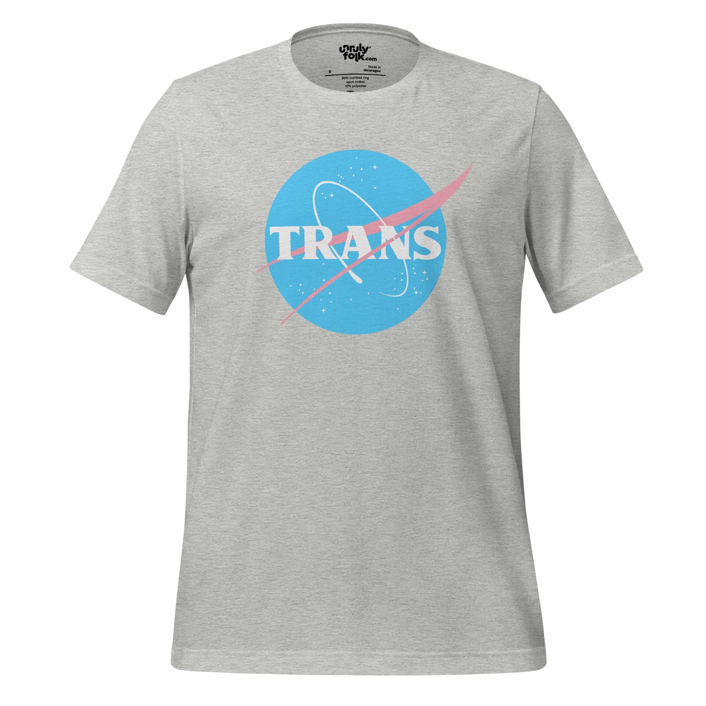 The image is of an athletic heather t-shirt with a logo that says "TRANS". It is a NASA-inspired space parody design from the Unruly Folk brand.