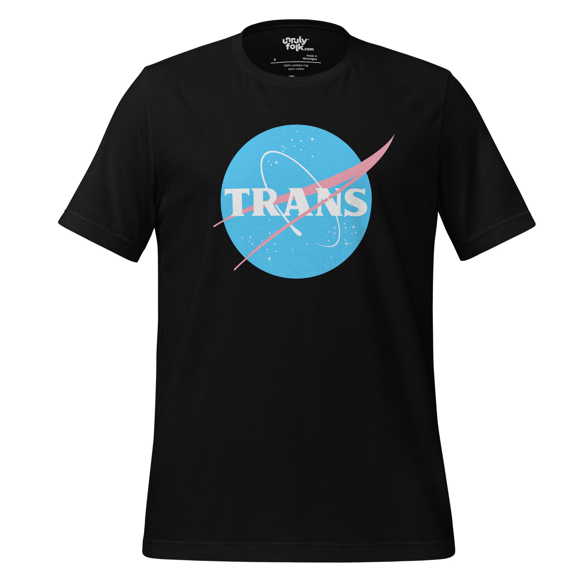 The image is of a black t-shirt with a logo that says "TRANS". It is a NASA-inspired space parody design from the Unruly Folk brand.