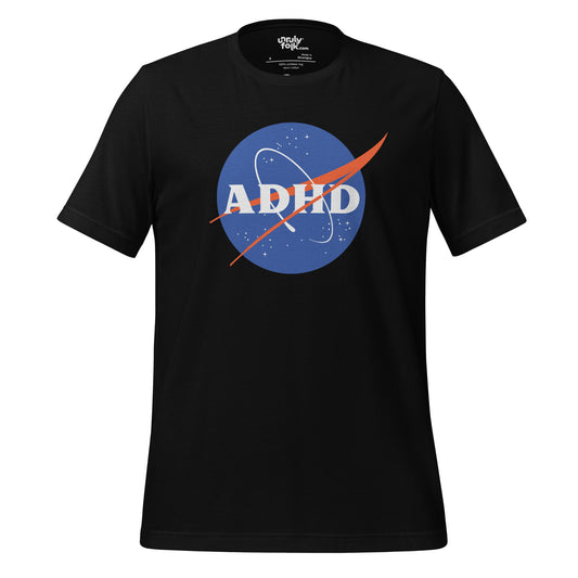The image is of a black t-shirt with a logo that says "ADHD" It is a NASA-inspired space parody design from the Unruly Folk brand.
