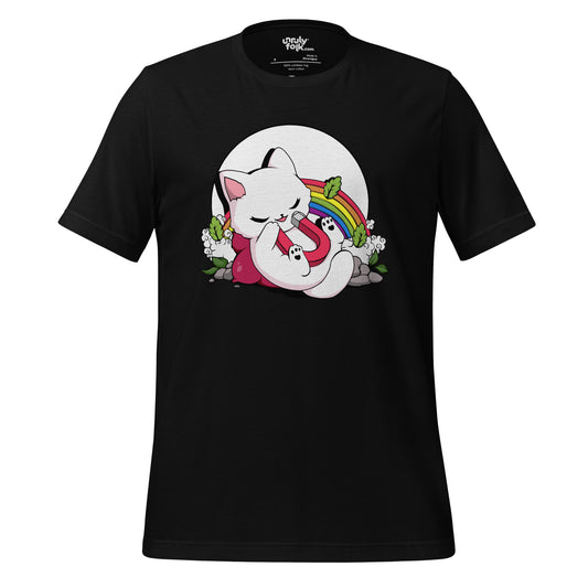 The image is of a black t-shirt with a cute cartoon cat holding a magnet, with a rainbow behind it. From the Unruly Folk brand.