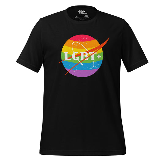 The image is of an black t-shirt with a logo that says "LGBT+". It is a NASA-inspired space parody design from the Unruly Folk brand.