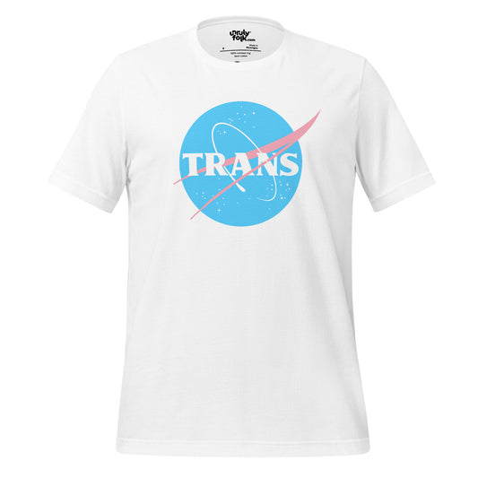 The image is of a white t-shirt with a logo that says "TRANS". It is a NASA-inspired space parody design from the Unruly Folk brand.