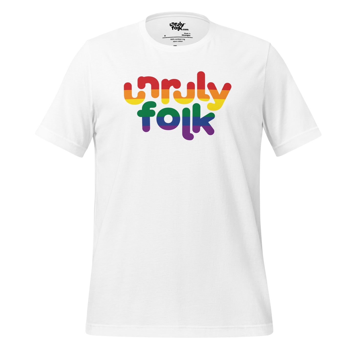 The image is of a white t-shirt with the pride flag inside the Unruly Folk logo. From the Unruly Folk brand.