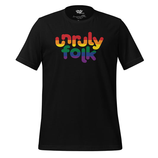 The image is of a black t-shirt with the pride flag inside the Unruly Folk logo. From the Unruly Folk brand.