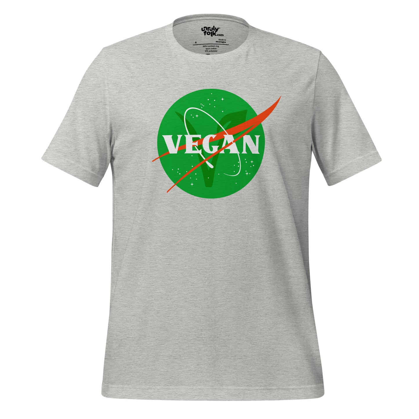 The image is of an athletic heather t-shirt with a logo that says "VEGAN". It is a NASA-inspired space parody design from the Unruly Folk brand.