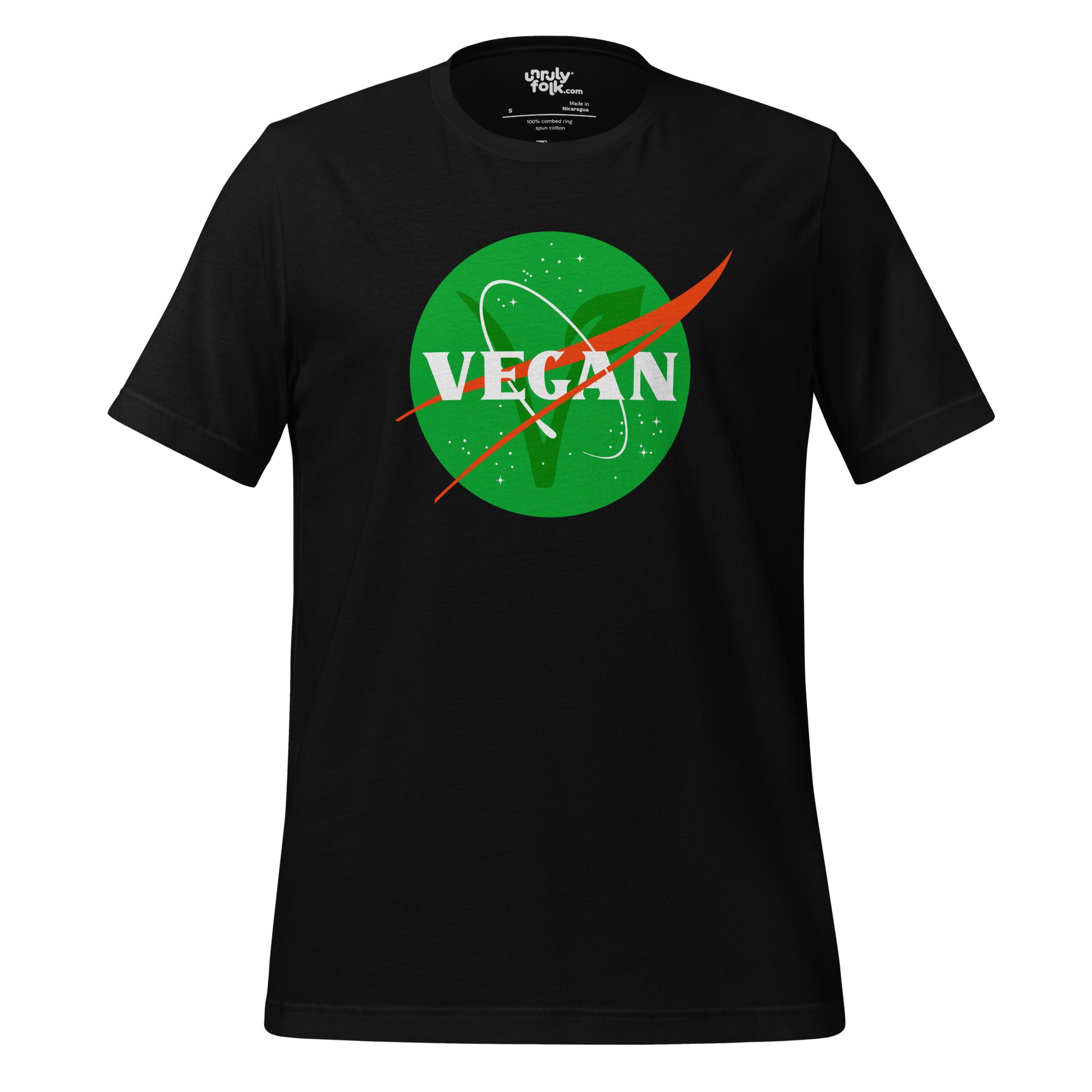 The image is of a black t-shirt with a logo that says "VEGAN". It is a NASA-inspired space parody design from the Unruly Folk brand.