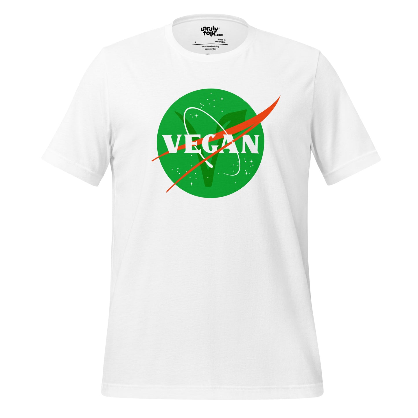 The image is of a white t-shirt with a logo that says "VEGAN". It is a NASA-inspired space parody design from the Unruly Folk brand.